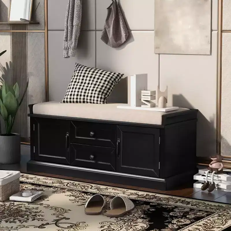 Wooden Storage Bench, Entryway Storage Bench with Drawers & Cabinets,Foyer Shoe Bench with Removable Cushion for Entryway Bedroom Living Room