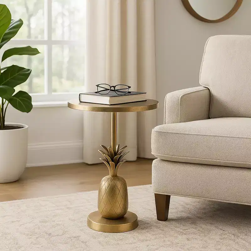 Unique End Table, Side Table, or Small Night Stand for Room Decor - Metal Bedside Table with Pineapple Base for Bedroom or Living Room