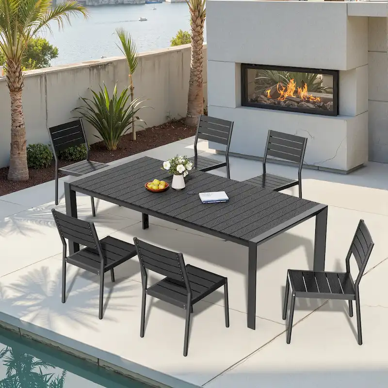 7-Piece Outdoor Patio Aluminum Dining Table with Stackable Dining Chairs