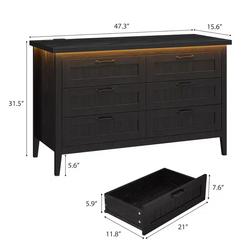 6-Drawer Dresser with Light & Charging Station, Modern Wide Chest of Drawers, Wood Storage Organizer Cabinet for Bedroom and Living Room
