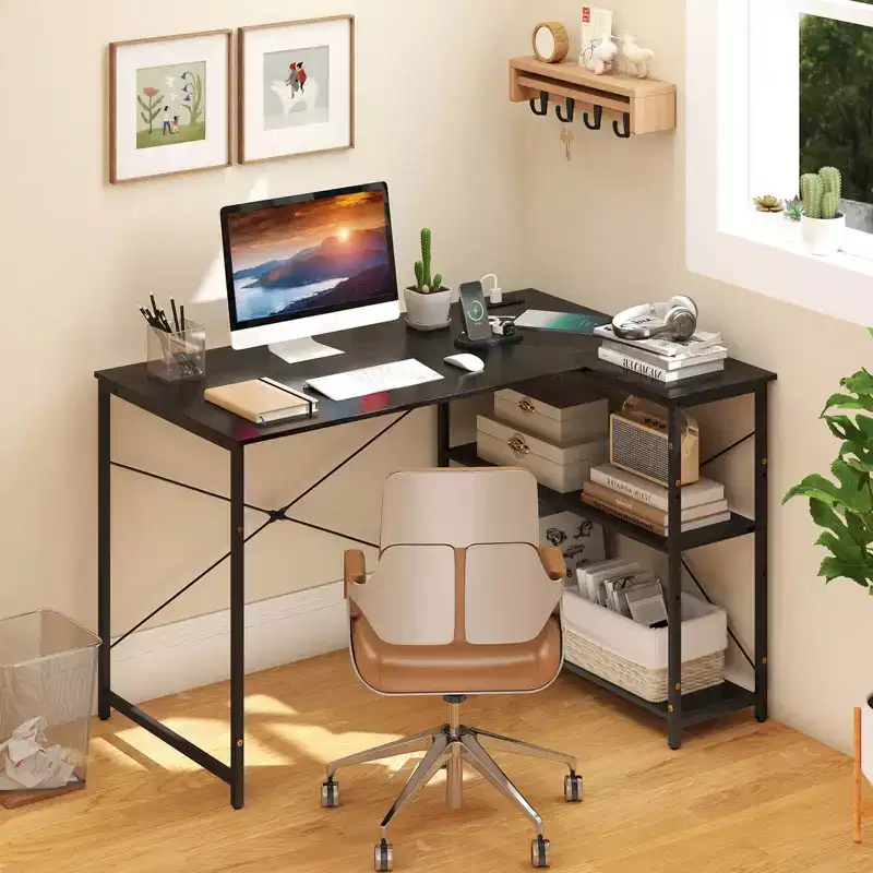 L-Shaped Computer Desk with Power Outlets, Adjustable Shelf, Heavy-Duty Metal Frame, Brown/White/Black