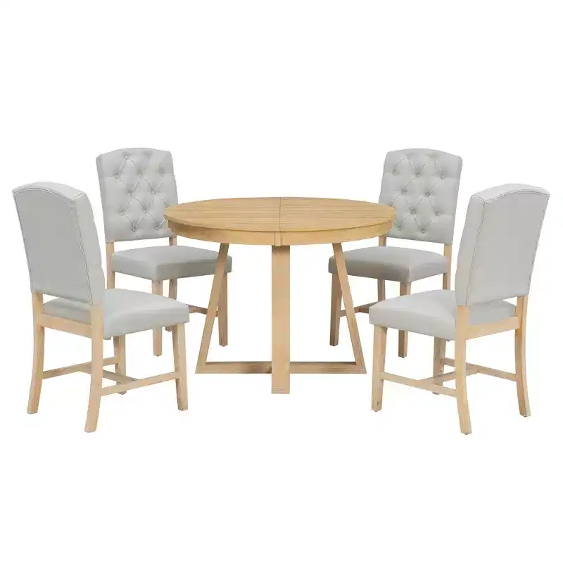 Whisen Retro Style 5-Piece Extendable Dining Set with 4-Botton Tufted Upholstered Chairs
