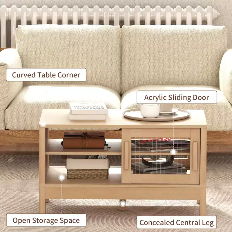 Bestier Modern Coffee Table with Unique Acrylic Sliding Door, Curved Corners & Adjustable Shelves