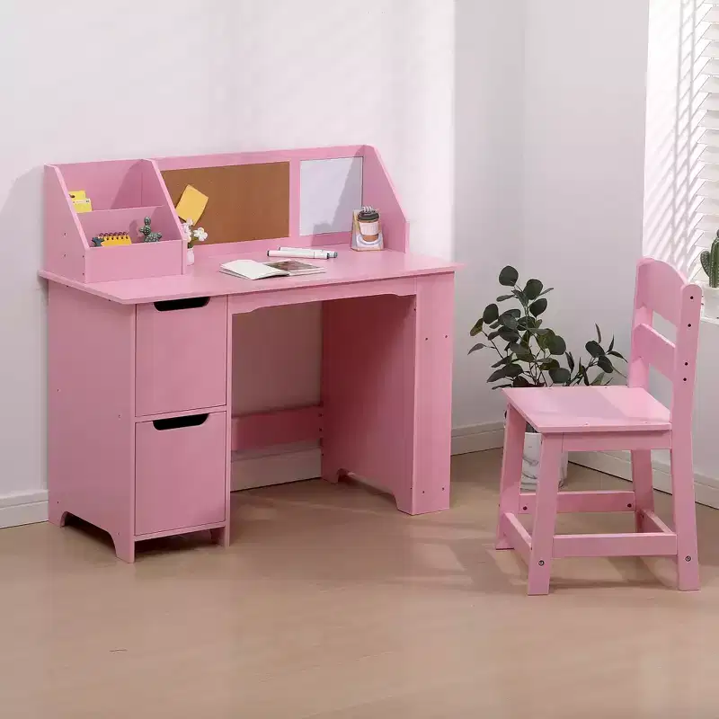 Kids Study Desk & Chair Set with Bookshelf & Bulletin Board - White Writing Table, Storage Cabinets, for Ages 3-8