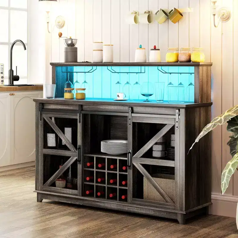 HOMCOM Farmhouse Coffee Bar Cabinet with LED Lights and Sliding Barn Doors, 55 Wine Bar Cabinet with Wine Racks and Glass Holder