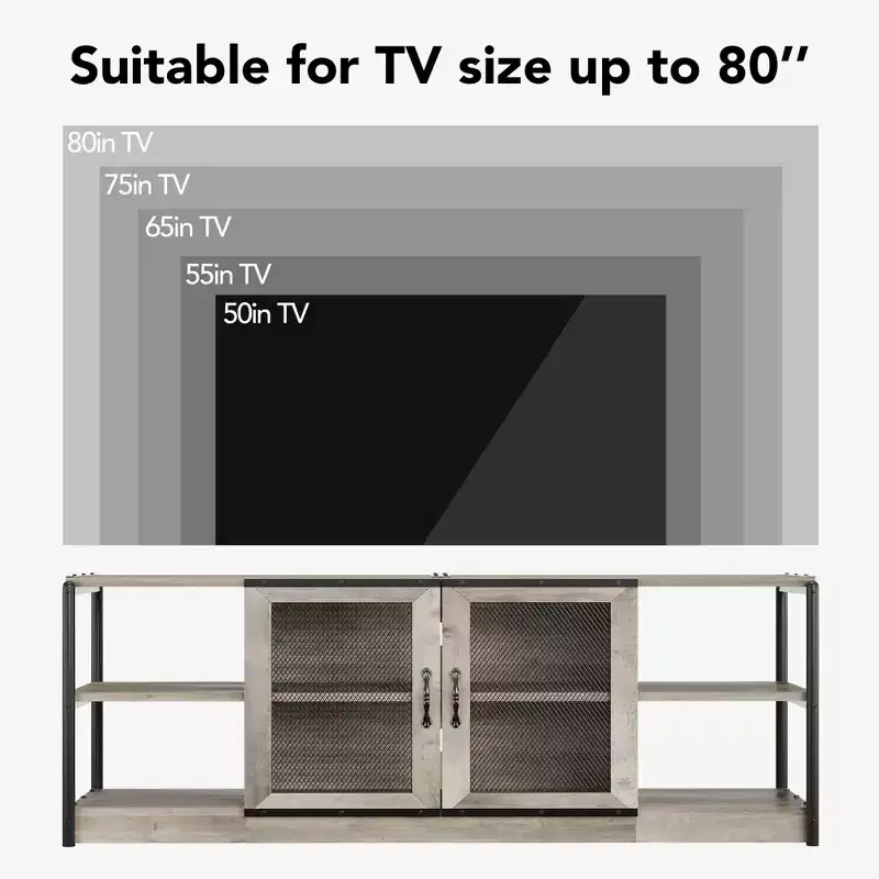 Industrial Farmhouse TV Stand with 2 Mesh Doors, Entertainment Center for 73-80 Inch TV, Sturdy Media Console with Adjustable Shelves, Storage Cabinet