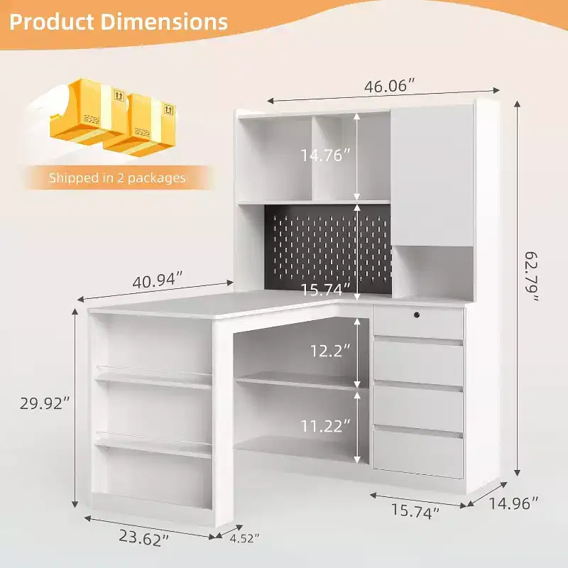 MooxvMoo Left L Shaped Wooden Desk w/ Charging Station, LED Lights, Drawers and Bookshelf, Modern Corner Computer Table for Home Office Gaming, White