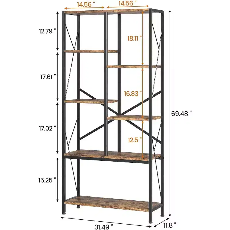 Acekool 5-Tier Industrial Bookcase, 69.5 Rustic Display Shelf with 7 Open Shelves for Living Room, Bedroom, Home Office