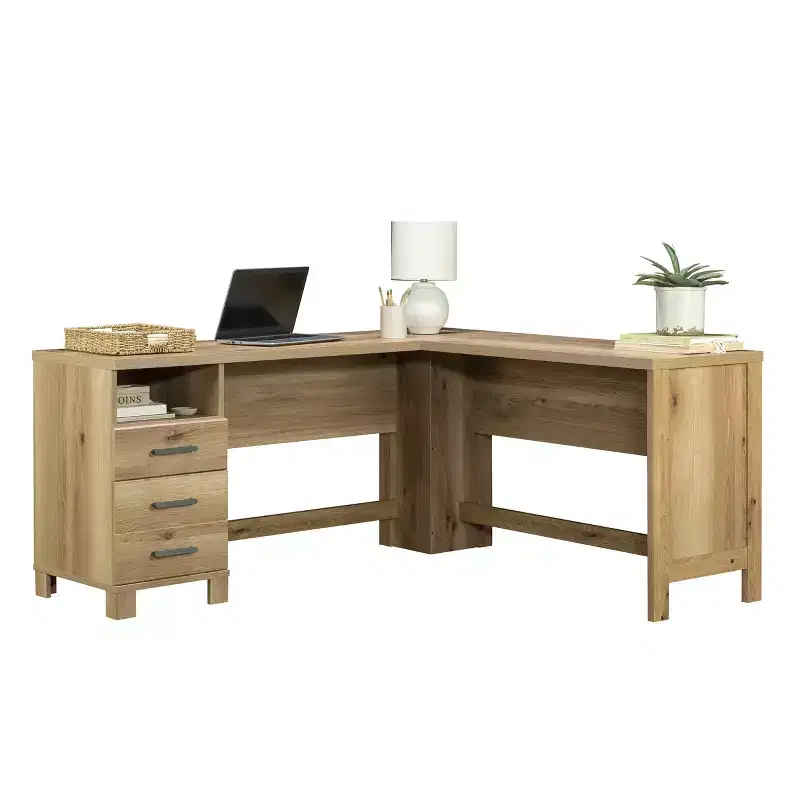 GDFStudio Merlene Farmhouse Wood L-Shaped Office Desk with Drawers