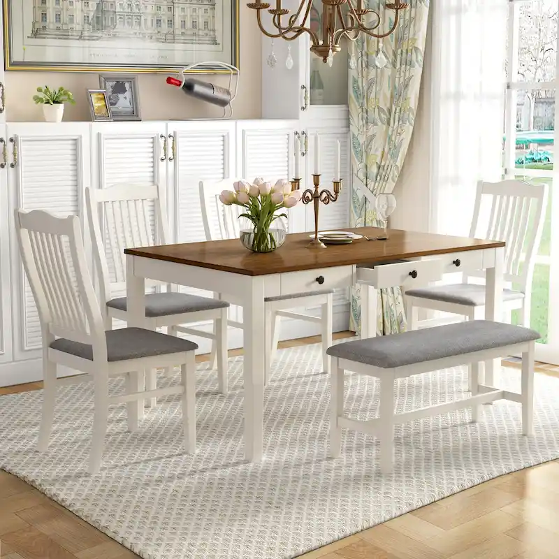 6-Piece Wooden Dining Table Set with 4 Chairs & Bench, Table with Drawer