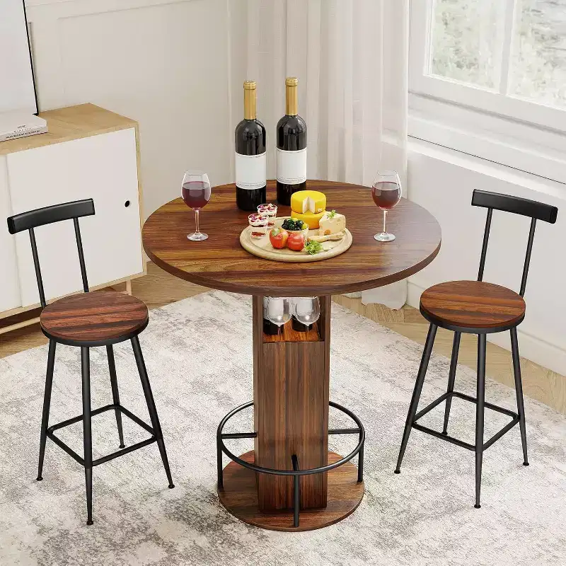 3-Piece 31.5 Round Bar Table and Chairs for 2, Small Pub Dining with 2 Stools, Space Saving, Walnut