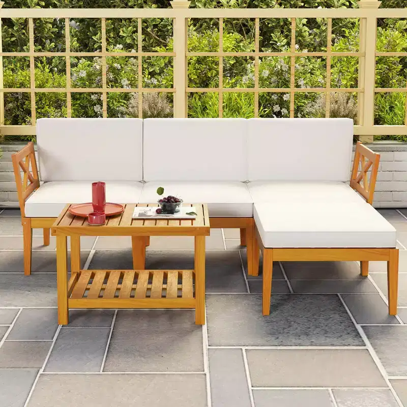 Costway 5 PCS Acacia Wood Patio Furniture Set with 2-Tier Coffee Table and Cushions