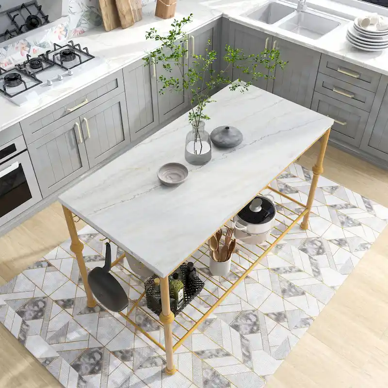 Contemporary White and Gold 58-inch Wide Marble Top Kitchen Island by