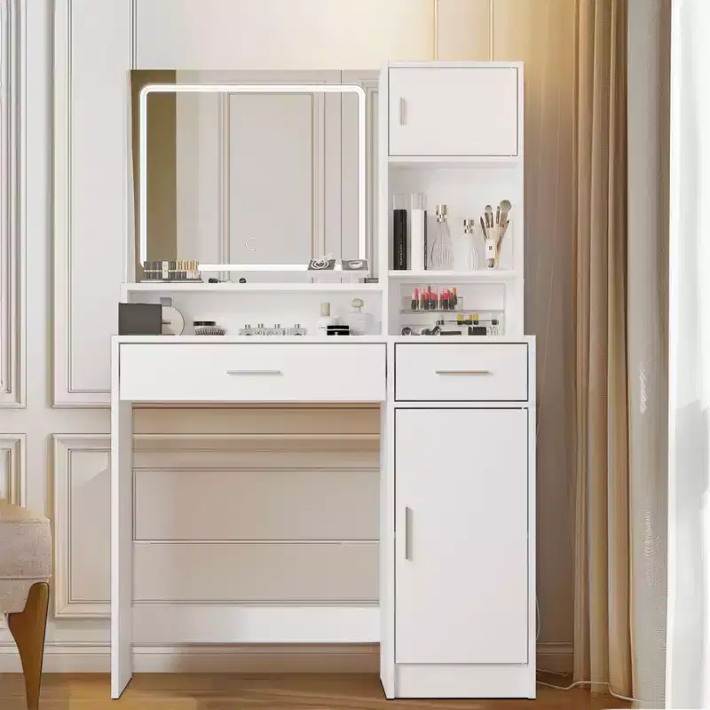 Vanity Desk with Large Rectangular Mirror, Makeup Vanity with 3 Level Storage Dresser, Compact Vanity for Bedroom, Vanity Room