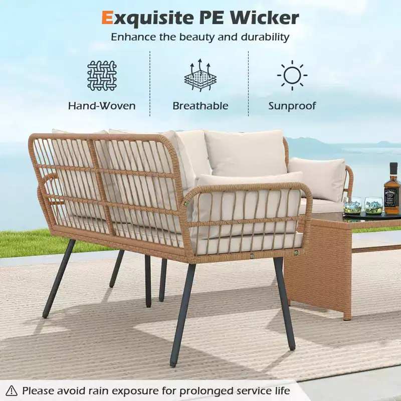 Costway Patio Wicker Loveseat Furniture with Seat Back Cushions, Heavy-Duty Metal Legs Off-White/Black