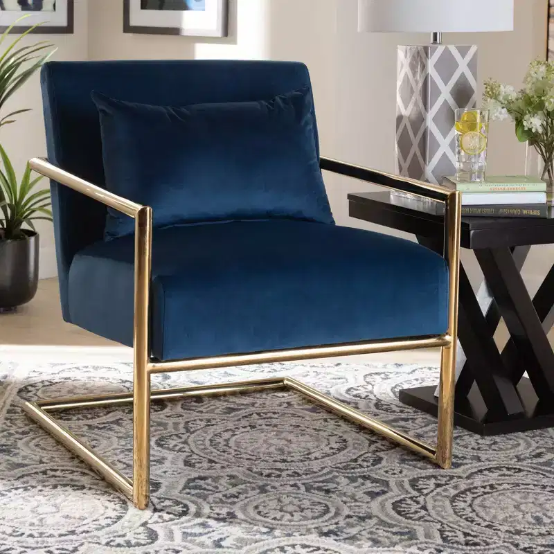 Mira Velvet Upholstered Metal Lounge Chair Navy Blue/Gold - Baxton Studio: Plush Seating for Home Office, No Assembly Required