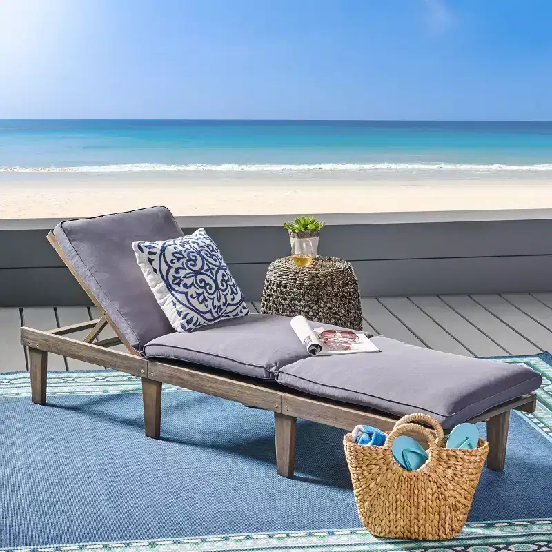 Okak Patio Lounge Chair with Full Length Cushions, Acacia Wood Outdoor Chair with Adjustable Backrest, Porch Chairs for Garden, Patio
