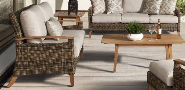Outdoor Wicker Sofa with Teak Armrests and All-Weather Cushions