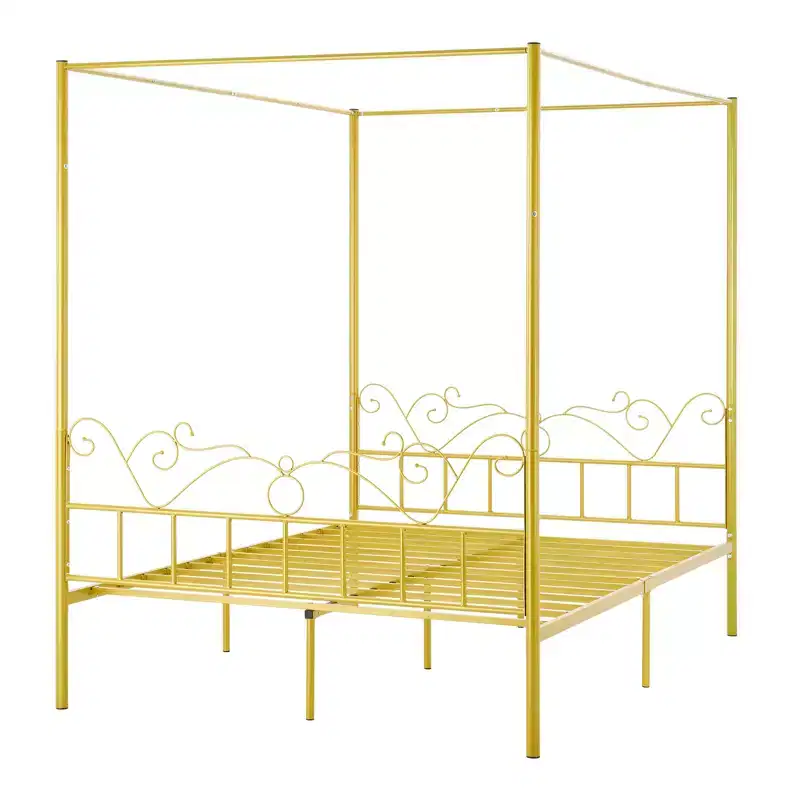 VEVOR Queen Size Canopy Bed Frame, Metal Canopy Bed with Minimalist Headboard & Four Posters Design, Heavy Duty Steel Slats Support, Gold