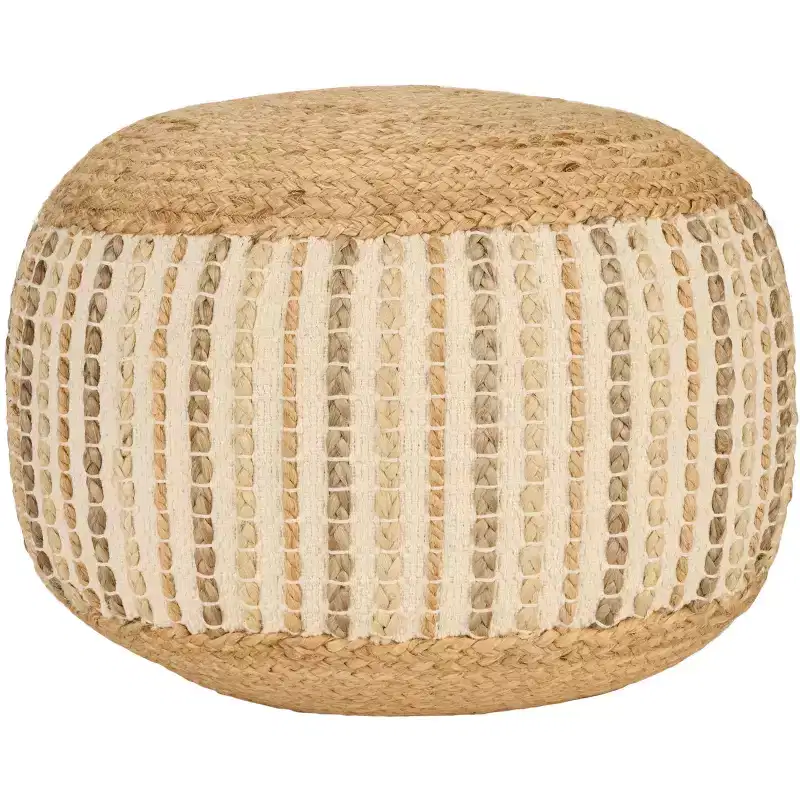 Mina Victory Lifestyle Jute Braids Cotton 20 x 20 x 12 Ivory Indoor Pouf