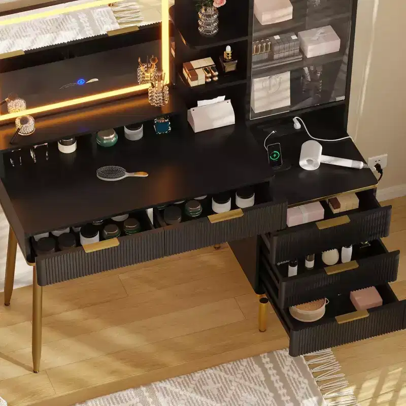 Modern Makeup Vanity Desk with Lighted Mirror, 5 Drawers, Power Outlet & USB Ports, Fluted Dressing Table with Storage Shelf for Women Girls