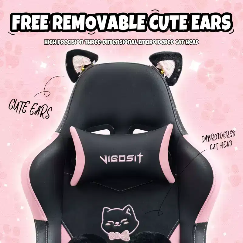 Modern Cute Cat Swivel Gaming Chair with Paw Lumbar Cushion, High Ergonomic Task Chair Computer Chair for Adults