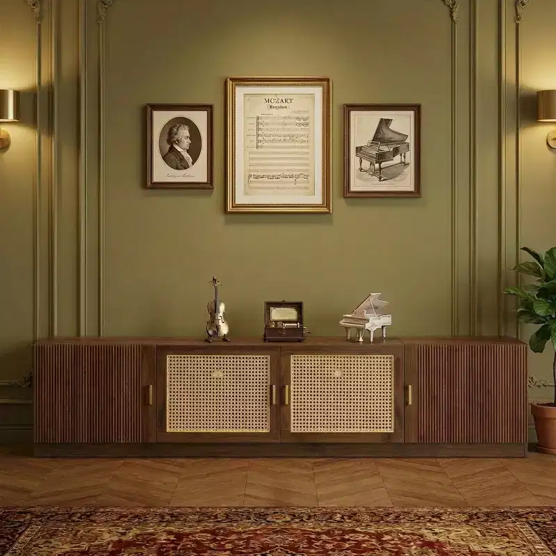 TV Stand for TVs Up to 85, TV Console for Living Room, Media Console with Rattan Doors, Adjustable Shelf TV Stand for Bedroom