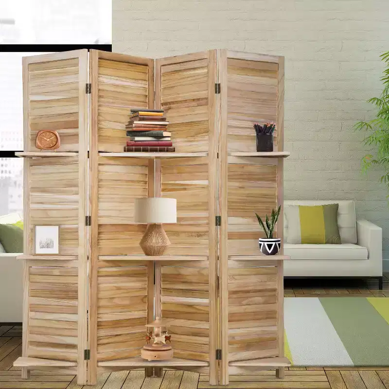 Room Divider 4 Panel Folding Privacy Wooden Screen with 3 Clever Shelves Portable Partition for Home Office or Living Room