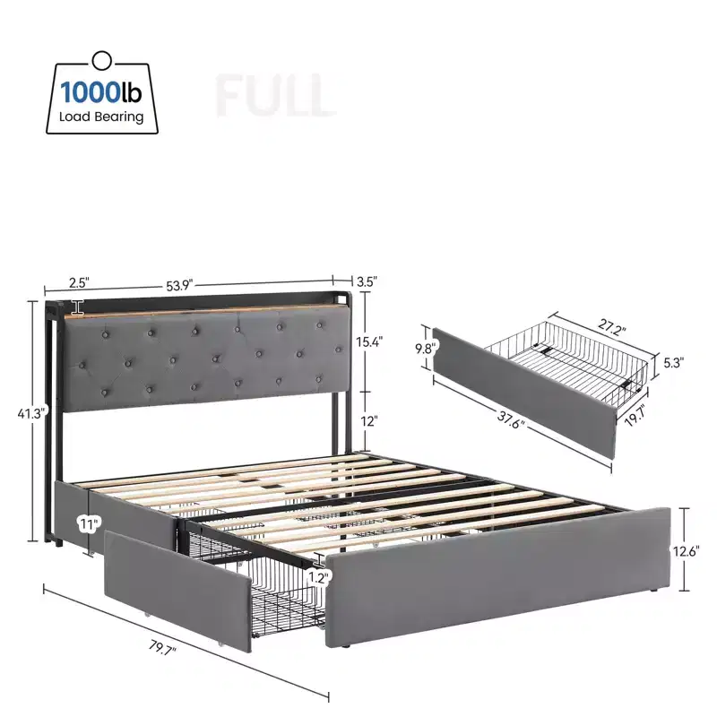 COZONY Velvet Upholstered Bed Frame with 4 Storage Drawers & Headboard Shelves, No Box Spring Needed