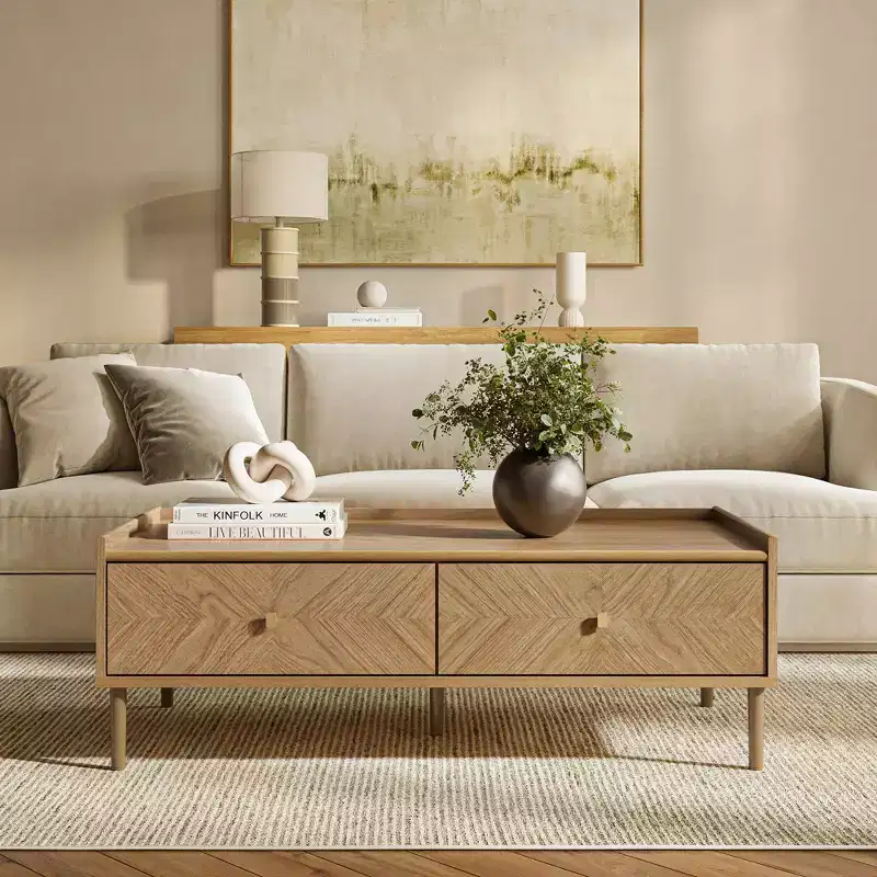 LuxenHome Summer Oak Manufactured Wood 2-Drawer 47 W x 23.4 D Coffee Table Brown