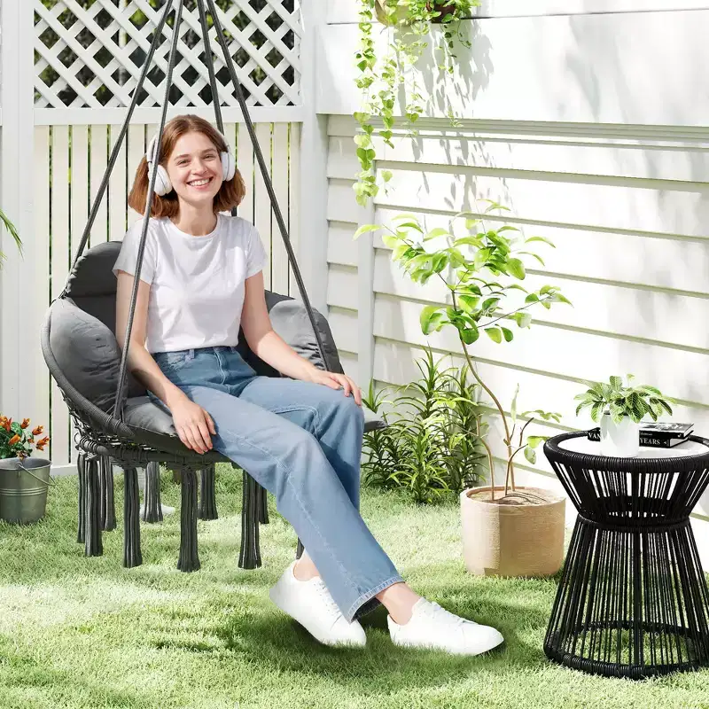 Hanging Hammock Chair with Cushion and Steel Frame Boho Style Indoor Outdoor