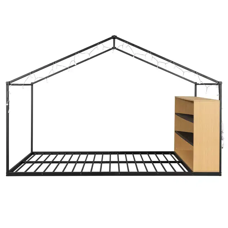 Montessori Floor Bed with Storage Shelf and LED Lights, Metal House Kids Bed, Full Size Black