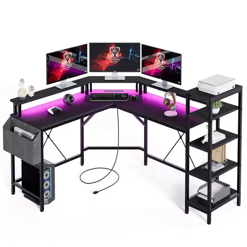 Gaming Desk Computer Desk - 62'' L Shaped with Power Outlets, LED Lights, Monitor Stand & Storage Shelves, Ergonomic Home Office Desk (Black Willow)