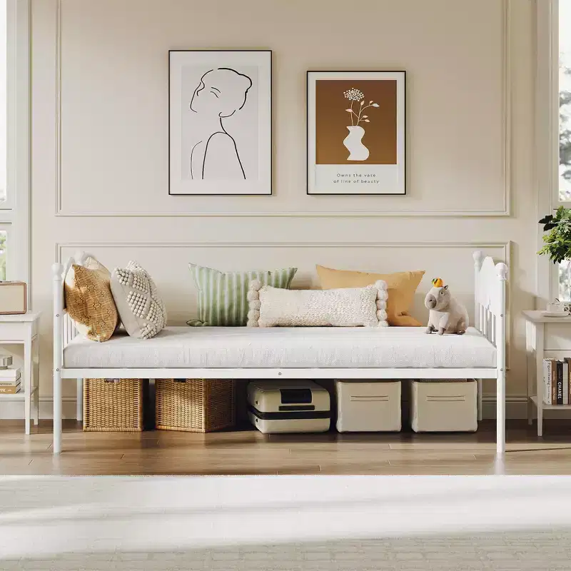 Sofa Bed, Twin Metal Day Bed with Stylish Headboard, Under-Bed Storage Space, Steel Slats Platform for Living Room, Bedroom, White