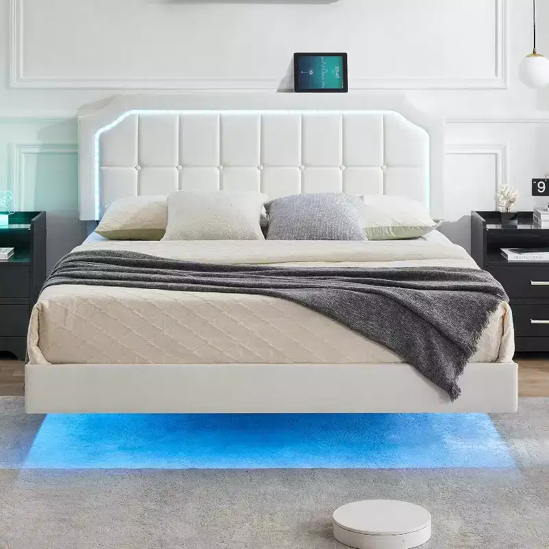 Floating Bed Frame with RGB LED Lights - Upholstered Platform Bed with Adjustable Tufted Headboard