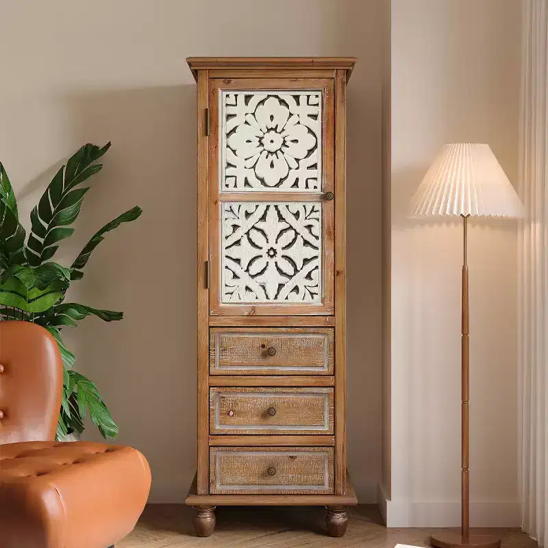 Rustic Decorative Storage Cabinet with Cutout Doors and 3 Drawers, Tall Narrow Accent Cabinet for Living Room or Bedroom-Panipeachy