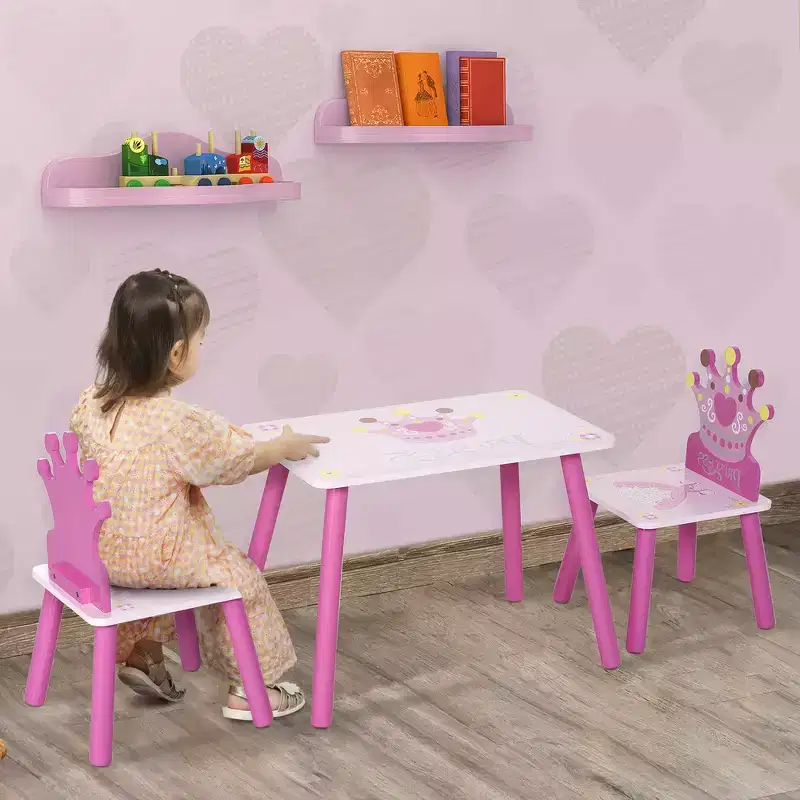 Kids Table & Chair, Toddler Desk with MDF & Pinewood Table, Safe Round Edge Design - Pink
