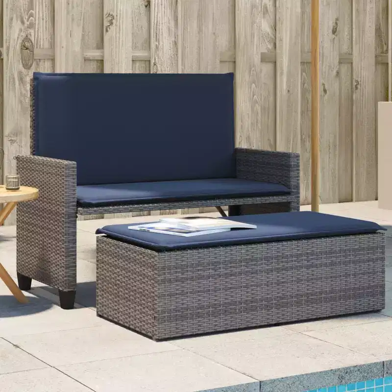 vidaXL Patio Bench with Cushions and Footstool Brown Poly Rattan