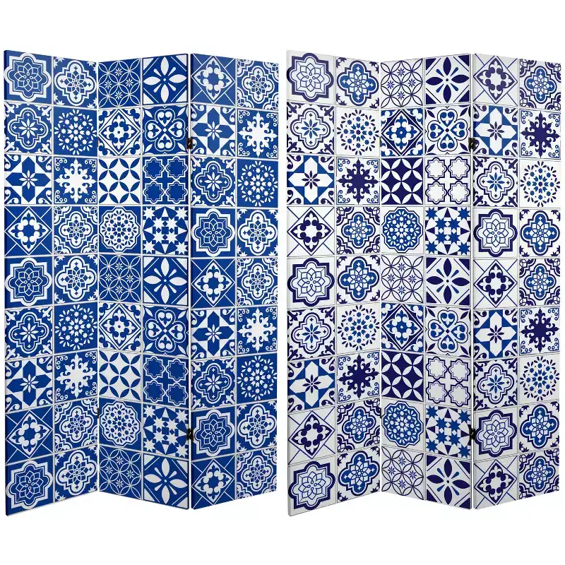 Oriental Furniture 6" Double Sided Tile Canvas Room Divider Blue: Indoor Privacy Screen, No Assembly Required