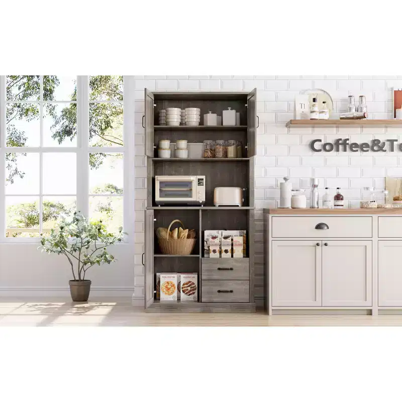 Modern Kitchen Sideboard with Microwave Stand, Tall Wooden Bar Cabinet with Drawers and Adjustable Shelves for Dining and Living Room, Pastoral Grey