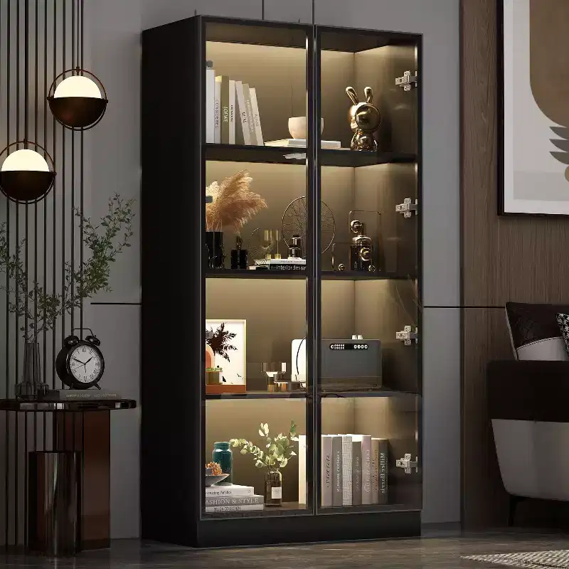 Famapy Display Cabinet All Multipurpose Storage Bookcase with Glass Doors and Shelves Buffet LED Light