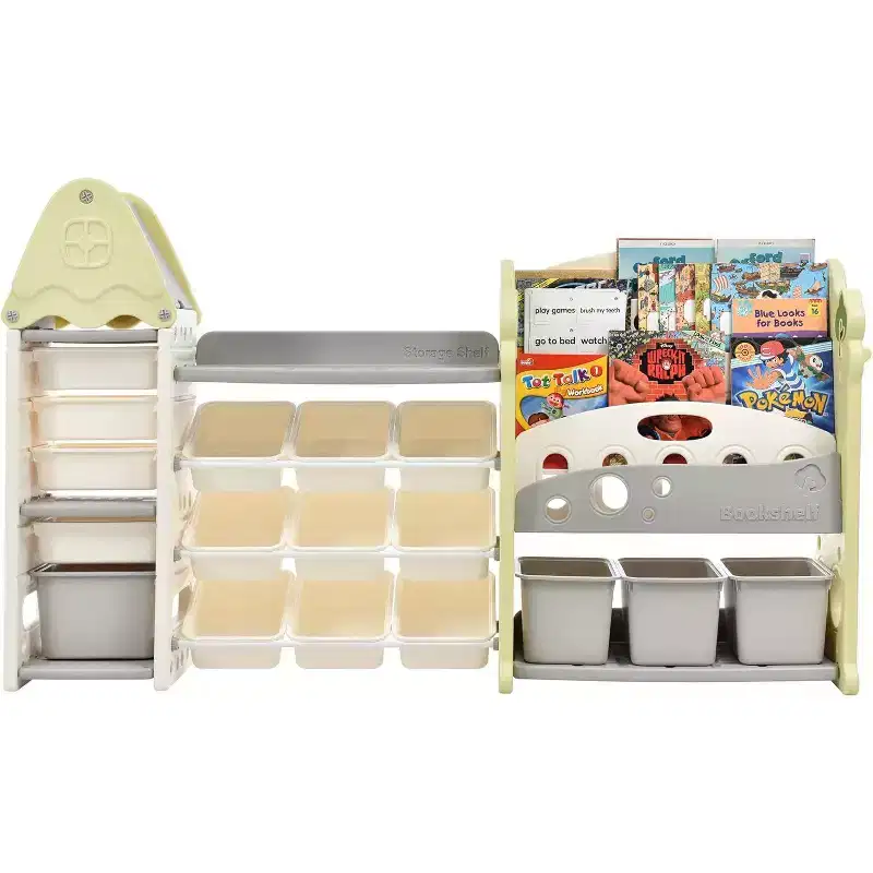 Acekool Kids Toy Storage Organizer with 17 Bins, 5-Tier Bookshelf, Pull-Out Drawers, Playroom & Bedroom Storage, Tree Design