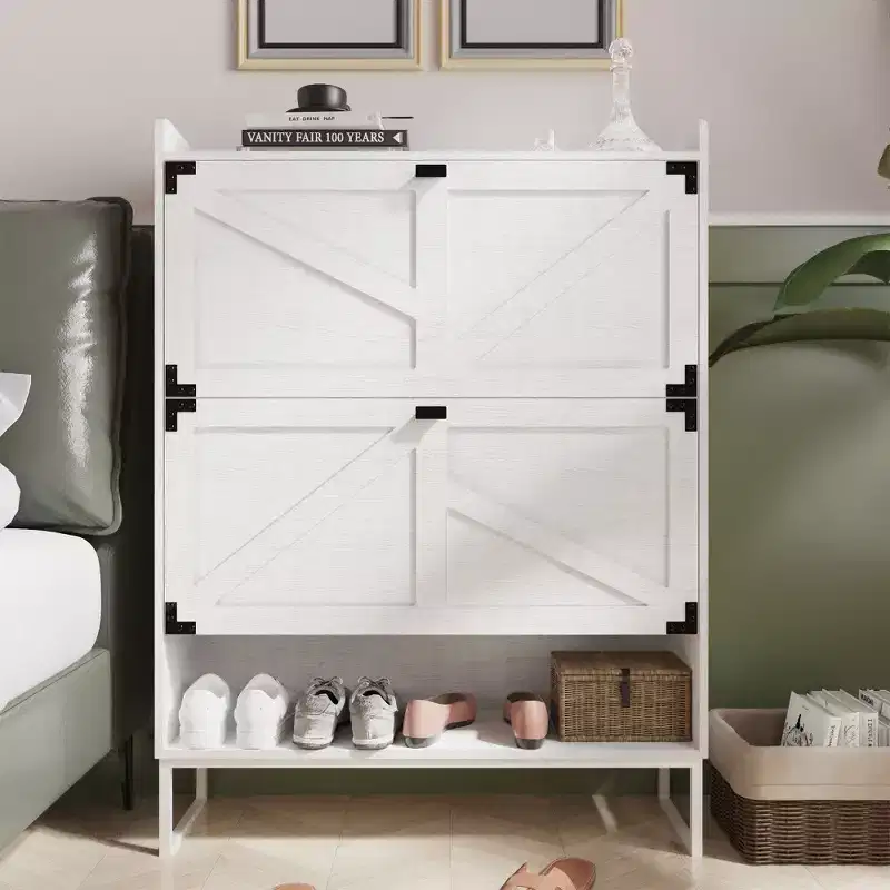 Cabinet with Doors, Shoe Storage Cabinet with Adjustable Shelves, Wooden Rack for Entryway, Hallway, Closet, Living Room