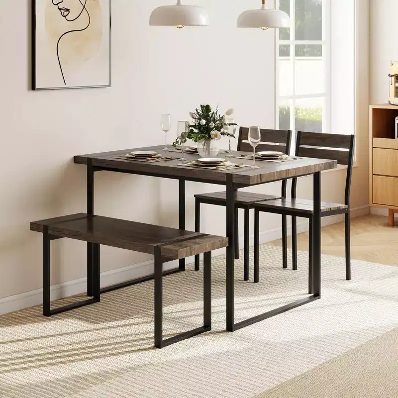 Costway 47 Dining Table Set for 4, Wooden Kitchen Table with 2 Chairs & Bench, Metal Frame