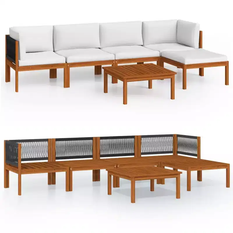 vidaXL 6-Piece Outdoor Lounge Set with Cream Cushions, Acacia Wood Patio Furniture Set, Including Sofas, Table and Footrest