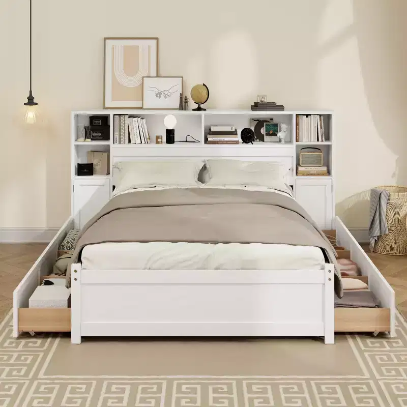 GDFStudio Lucas Twin Size Wooden Storage Bed with Tall Bookcase Headboard and Drawers