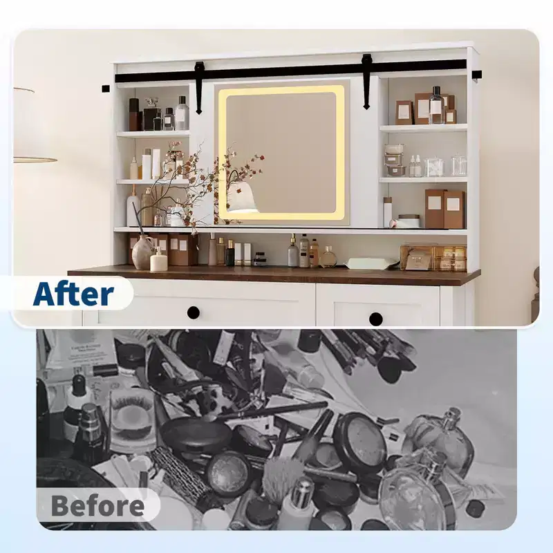 Metal & Wood Vanity Desk with LED Mirror & Power Outlets 41.85''W x 55''H White