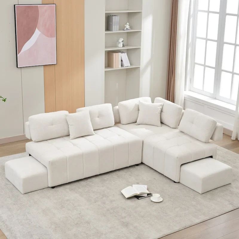 91.73 L-Shaped 4 Seater Sectional Sofa with 2 Hidden Stools, 2 Removable Lumbar Pillows, and Durable Chenille Upholstery