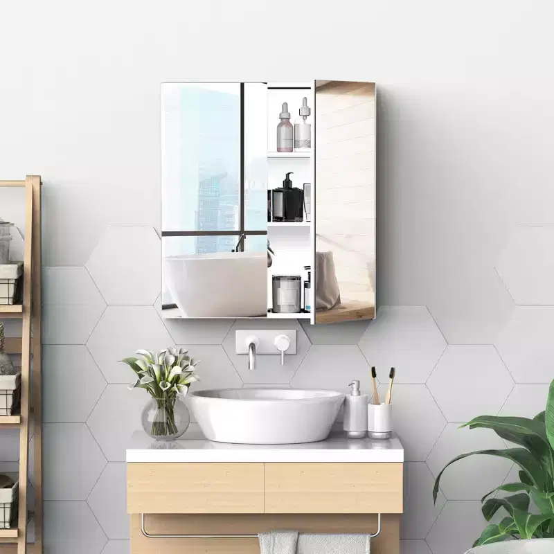 Bathroom Mirrored Cabinet, 24x26 Stainless Steel Frame Medicine Cabinet, Wall-Mounted Storage Organizer with Double Doors
