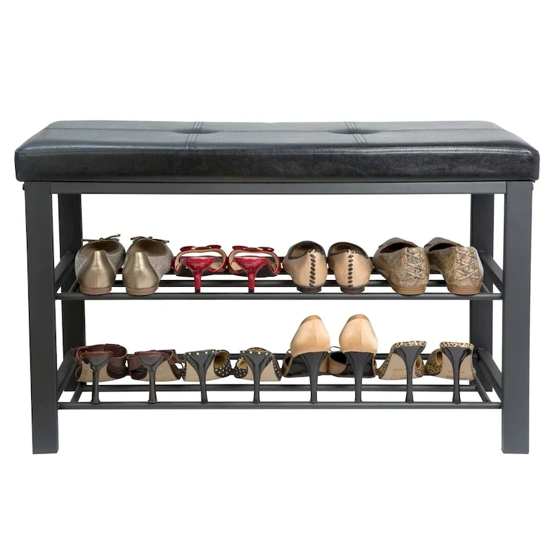 Black Entryway Bench with 2-Tier Shoe Storage Rack - 32W